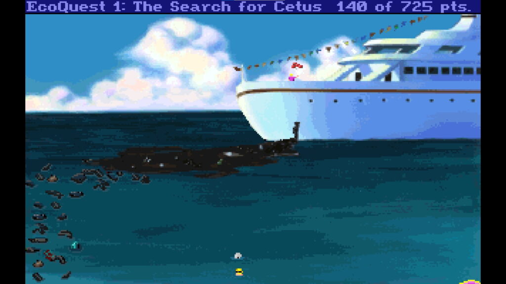 Adam swims beneath a cruise ship leaking garbage in EcoQuest: The Search for Cetus