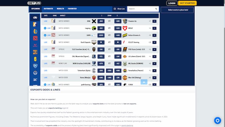 BetUS Esports Betting Page