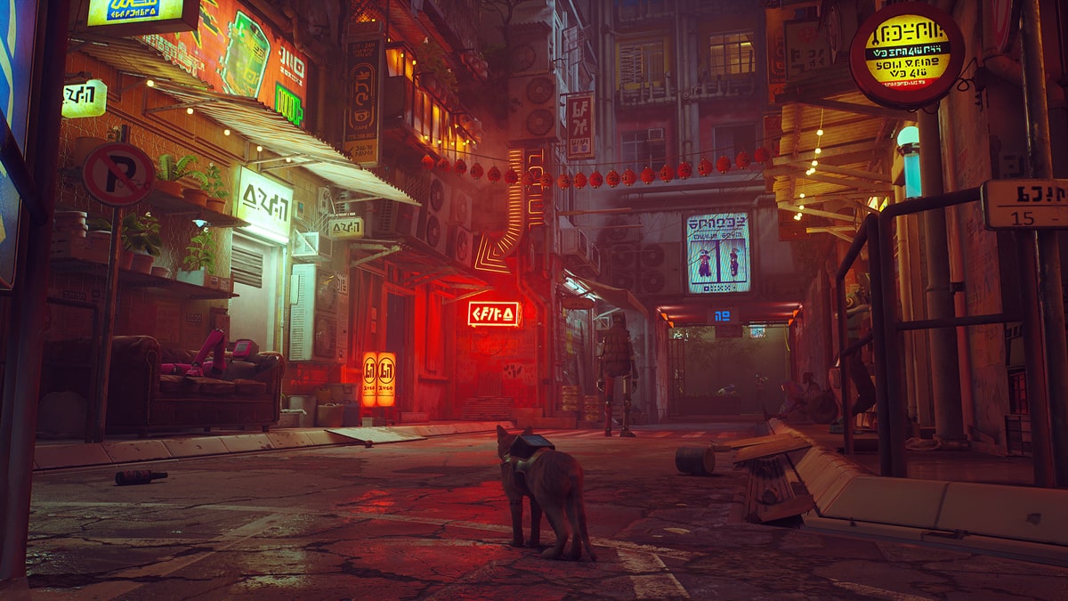 Cat exploring neon-lit alley in Stray