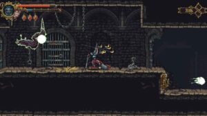 Blasphemous gameplay with the Penitent One fighting enemies in a dark dungeon.