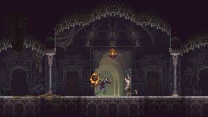 Blasphemous 2 gameplay with the Penitent One battling an enemy in a dark hall.