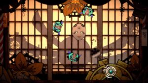 Bō: Path of the Teal Lotus gameplay with a masked boss face and floating enemies.