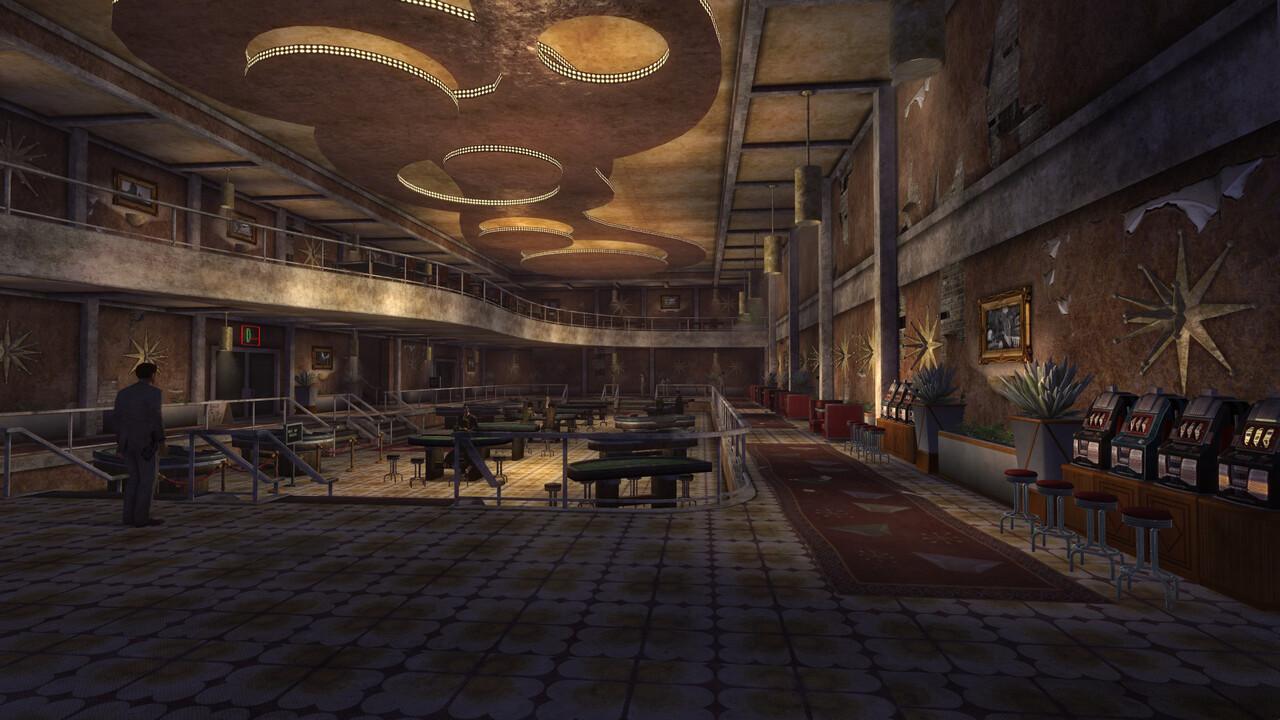 A dimly lit casino with gaming tables and slot machines in Fallout: New Vegas