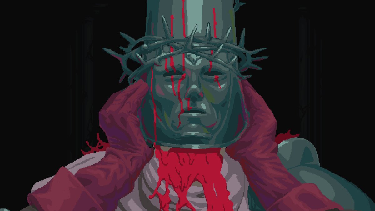 Blasphemous close-up scene with the Penitent One’s helmet covered in blood.