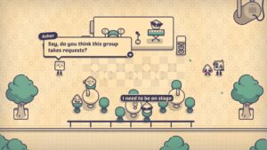 Is This Seat Taken gameplay with cartoon characters sitting at tables and speech bubbles showing dialogue