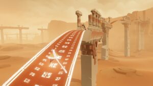 Traveler crossing a glowing bridge in Journey