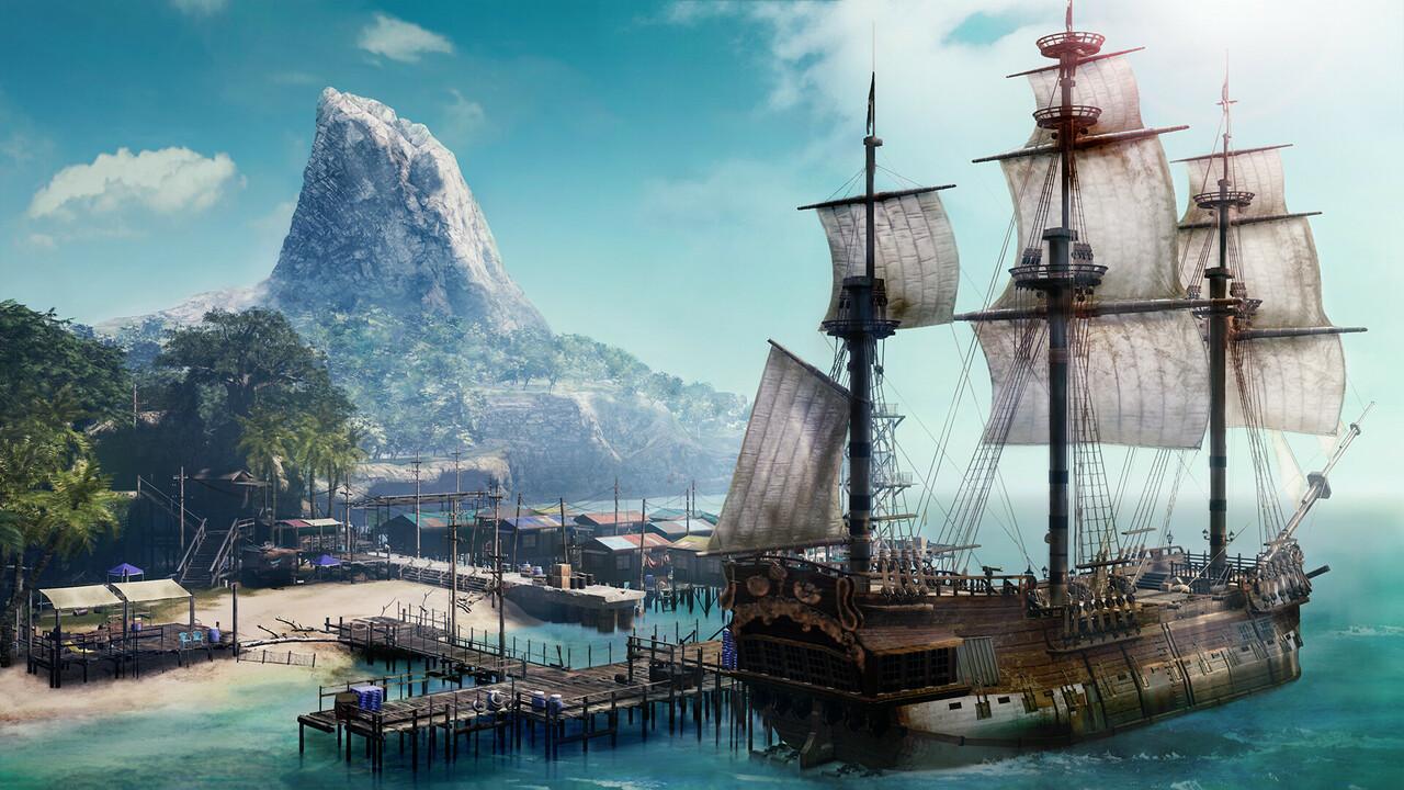 A majestic sailing ship with white sails anchored near a tropical island harbor in Like a Dragon: Pirate Yakuza in Hawaii