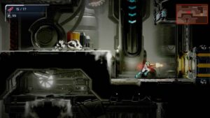 Metroid Dread gameplay with Samus firing at an enemy in a dark sci-fi environment.