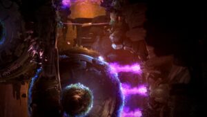 Ori and the Will of the Wisps gameplay with glowing purple energy barriers in a cave.
