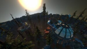 Outer Wilds scene showing an observatory and forested crater under a bright sun
