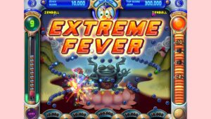 Peggle Deluxe gameplay screen showing Extreme Fever celebration with colorful pegs and a meditating frog