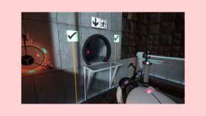 Portal gameplay showing a test chamber with a portal gun and exit door puzzle elements