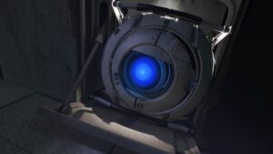 Portal 2 close-up of Wheatley core with glowing blue eye