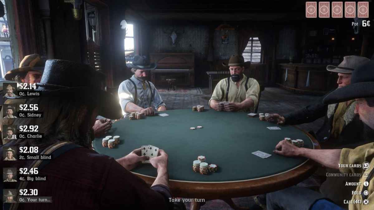 A scene of men playing poker in Red Dead Online, with cards and chips on the table in a classic Wild West atmosphere.