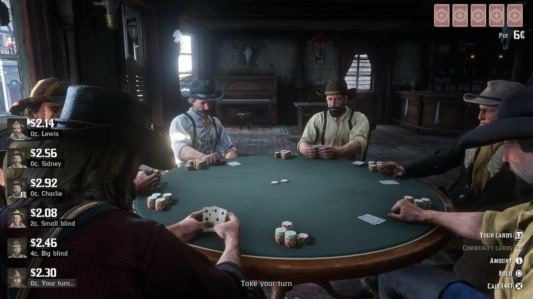 A group of players sitting around a poker table with chips and cards in Red Dead Redemption 2