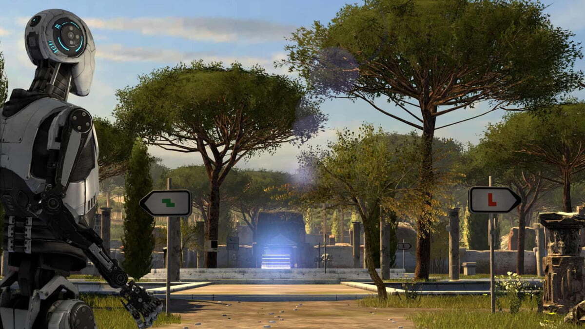 A futuristic robot stands in a serene garden with tall trees, signs pointing left and right
