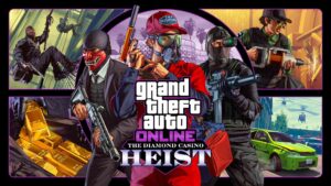 Video game cover for "Grand Theft Auto Online: The Diamond Casino Heist" features masked characters, weapons, gold bars, and a green car, conveying action and suspense.