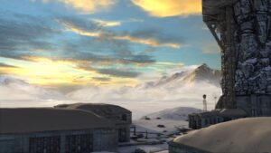 The Talos Principle snowy landscape with mountains, ruins, and industrial structures at sunset