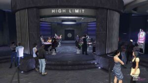 A bustling casino scene with people gathered around tables, engaged in card games and socializing.