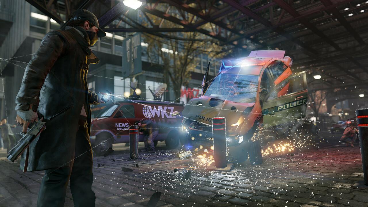 A man in a coat and cap holding a device faces a crashing police van with sparks and debris on a city street in Watch Dogs