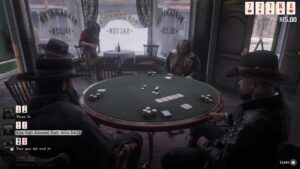 Men intensely playing poker in Red Dead Redemption 2, showcasing the game's immersive Wild West atmosphere.