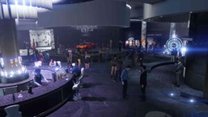 A vibrant casino scene with people socializing around a circular bar. Slot machines and a luxury sports car are in the background, under dim, elegant lighting.