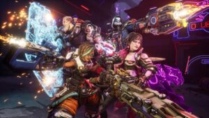 Heroes battling with futuristic weapons in an adventure game