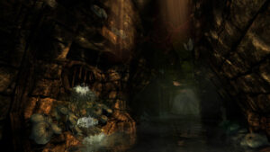 Dark flooded tunnel with stone walls and shadowy monster in Amnesia: The Dark Descent