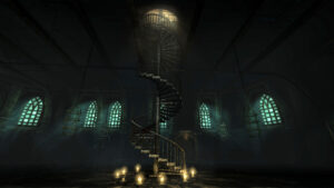 Dark spiral staircase with candles in Amnesia: The Dark Descent
