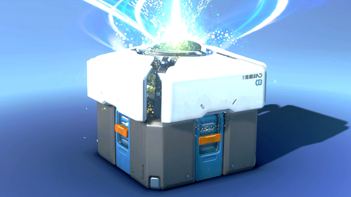 Futuristic glowing loot box opening with light and particles