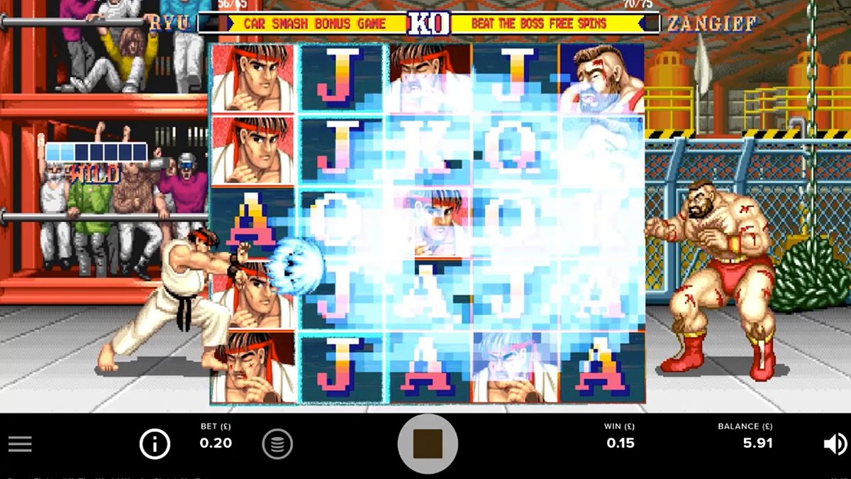 A retro arcade game screen featuring Ryu and Zangief amidst colorful symbols and action effects in a fighting scene.