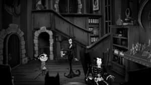 A whimsical black-and-white scene with gothic elements features three characters in a dimly lit, vintage room. A child stands near a grand staircase, while a tall, elegant woman holds a book. A seated figure in dark attire sits beside a cluttered desk with candles, exuding an eerie yet comical atmosphere.