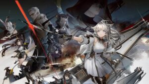 Anime characters with futuristic weapons in Arknights gacha game artwork