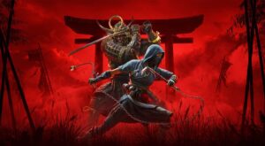 A fierce duel between a samurai in armor and a stealthy ninja, set against a dramatic red background with traditional Japanese elements.