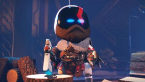 Futuristic Astro Bot holding a blade in detailed armor outfit