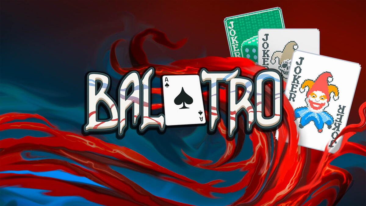 Balatro game logo with Ace of Spades and Joker cards in background