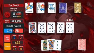 Balatro gameplay showing Straight Flush hand and multiple Jokers in play
