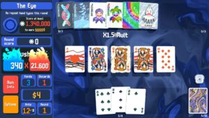 Balatro gameplay showing The Eye challenge and Joker combo effects