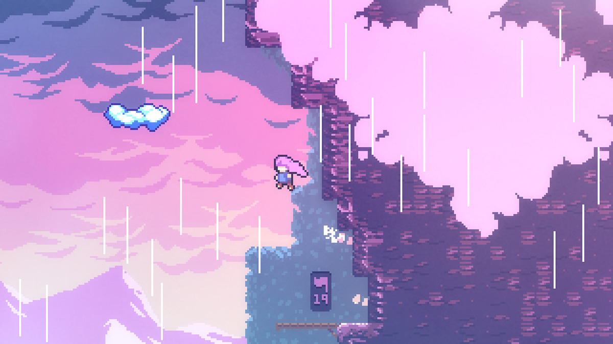 Pixel art character jumping along cliffside with pink clouds and rain