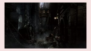 Dark gothic alley environment from Bloodborne (2015).