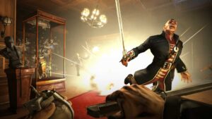 Dishonored immersive sim gameplay showing sword combat and explosive stealth action in a museum hall