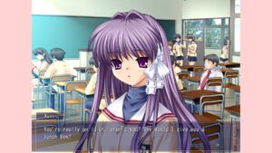 CLANNAD scene with Kyou in classroom speaking with classmates in background.