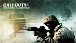 "Call of Duty 4: Modern Warfare cover features a soldier in camouflage with a rifle, set against a gritty, action-filled backdrop. Intense and dynamic."