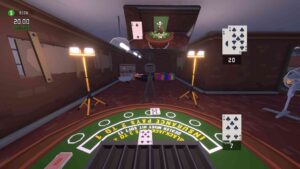A casino table set up for a card game, featuring cards and chips, with players engaged in the game.