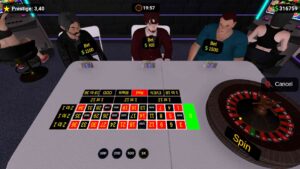 Virtual casino scene with three players seated at a roulette table. Players have bets of $1100, $400, and $1500. Roulette wheel labeled "Spin." Above, digital time and prestige score appear.