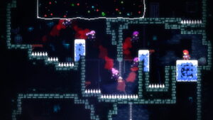 Pixel art Celeste character navigating icy blocks and spikes with shadow clones
