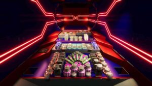 A vibrant gaming table filled with stacks of colorful poker chips and neon accents, creating a lively casino atmosphere.