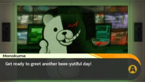 Monokuma, the black-and-white bear mascot from Danganronpa, delivering a line on screen.