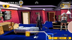 Danganronpa scene showing two characters in a dorm room with scattered weapons.