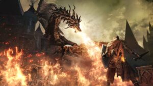Hero confronting a fire-breathing dragon in Dark Souls 3 (2016).